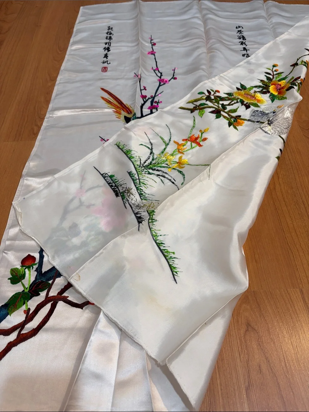 Vintage Chinese Silk Embroidered Bird & Blossom Wall Panel in White
